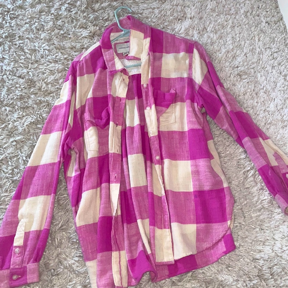 American eagle pink checkered button flannel
